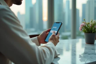 Homme consultant une application de taux de change dirham émirati sur smartphone dans un café de Dubaï