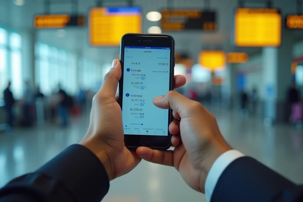 Mains tenant un smartphone avec application de conversion de dirhams émiratis dans un aéroport international