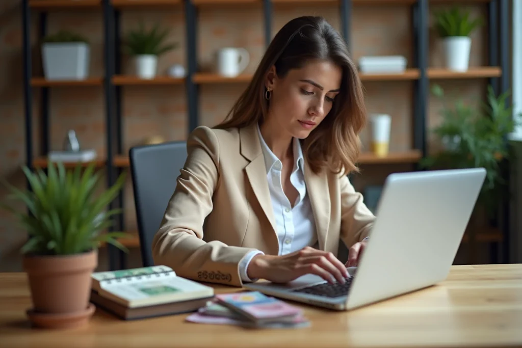 Femme comparant le taux du dirham émirati sur ordinateur portable avec carnet de notes et billets de banque
