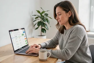 Femme consultant son espace bancaire en ligne sur un ordinateur portable depuis son bureau à domicile