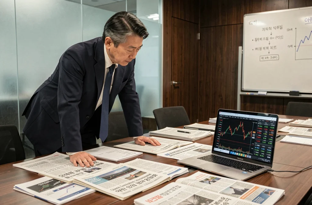 Analyste financier senior étudiant les rapports de marché et les indices boursiers asiatiques dans une salle de conférence d'entreprise