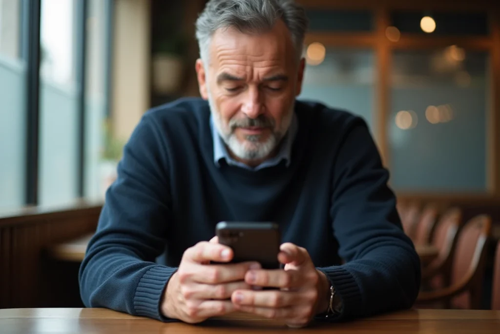 Homme consultant son application bancaire LCL sécurisée sur smartphone dans un café