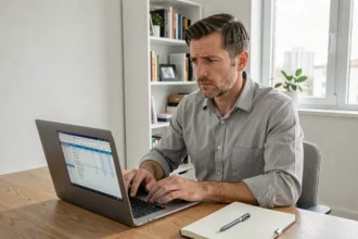 Homme consultant un tableau de calcul brut net sur ordinateur portable dans un bureau à domicile