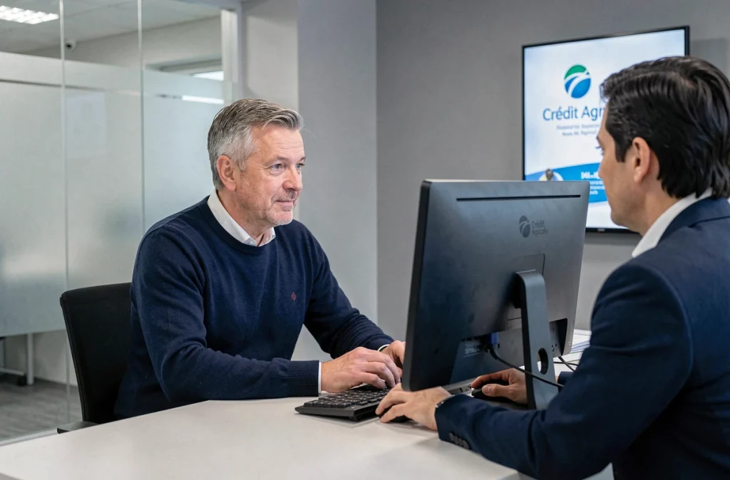 Client discutant avec un conseiller bancaire Crédit Agricole pour retrouver un code banque