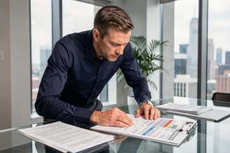 Comptable examinant les échéances fiscales 2026 pour l'acompte IS dans un bureau corporate moderne