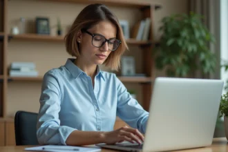 Femme se connectant pour la première fois à son espace particulier LCL sécurisé sur un ordinateur portable à domicile