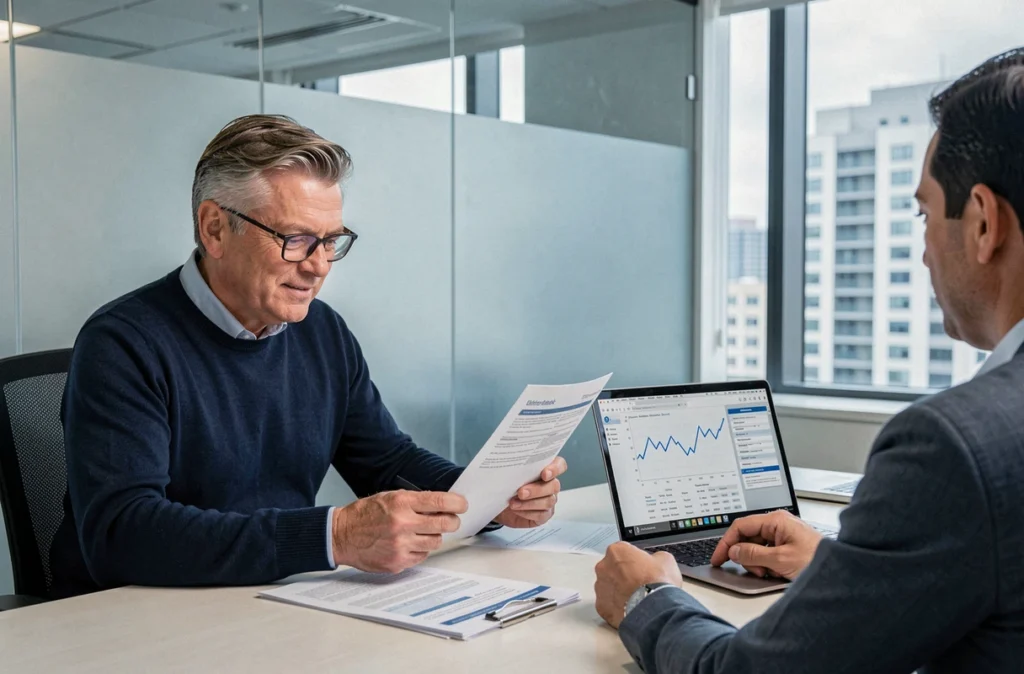 Homme consultant un conseiller financier pour calculer le montant de son assurance vie