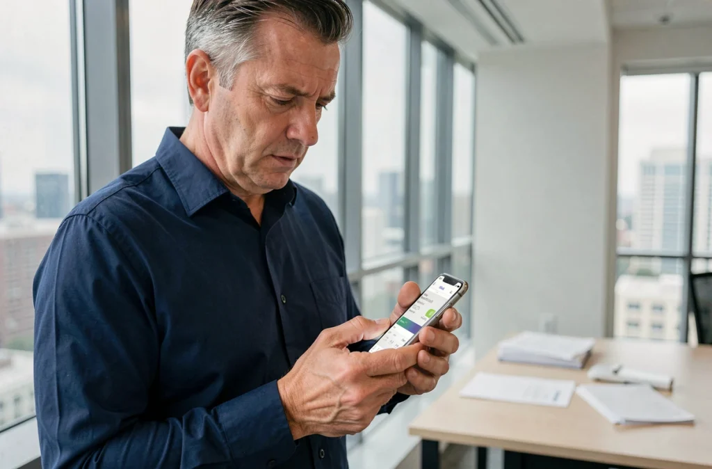 Homme consultant ses opérations bancaires en temps réel sur son smartphone depuis un bureau moderne
