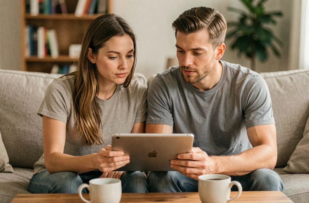 Couple consultant une application de cagnotte en ligne sur une tablette pour organiser un cadeau commun