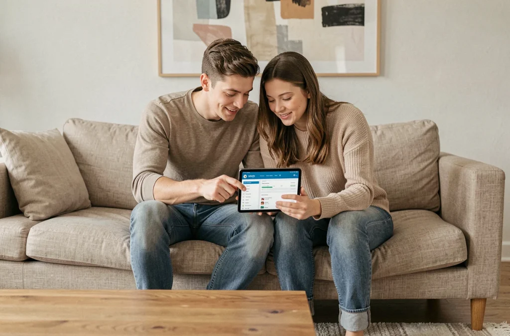 Couple gérant leurs relevés et documents en ligne sur tablette depuis leur salon