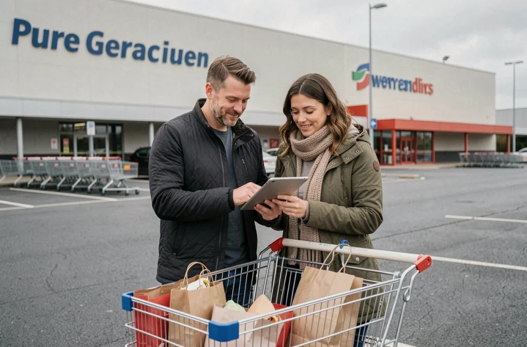Couple consultant une liste de courses sur tablette devant un hypermarché pour optimiser leur budget avec des chèques différés