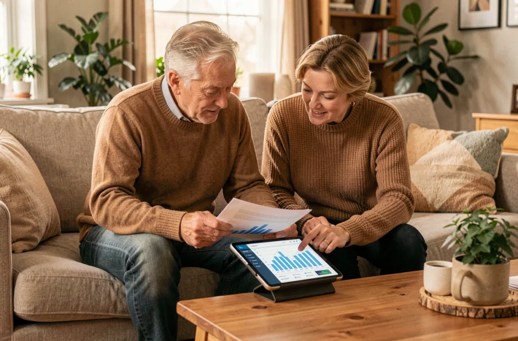Couple de retraités examinant ensemble le calcul du capital de leur assurance vie sur une tablette
