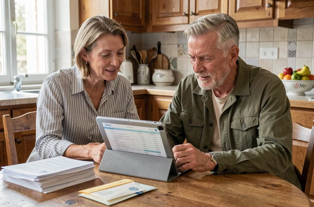 Couple vérifiant leurs relevés de compte bancaire sur une tablette à la maison avec des documents financiers