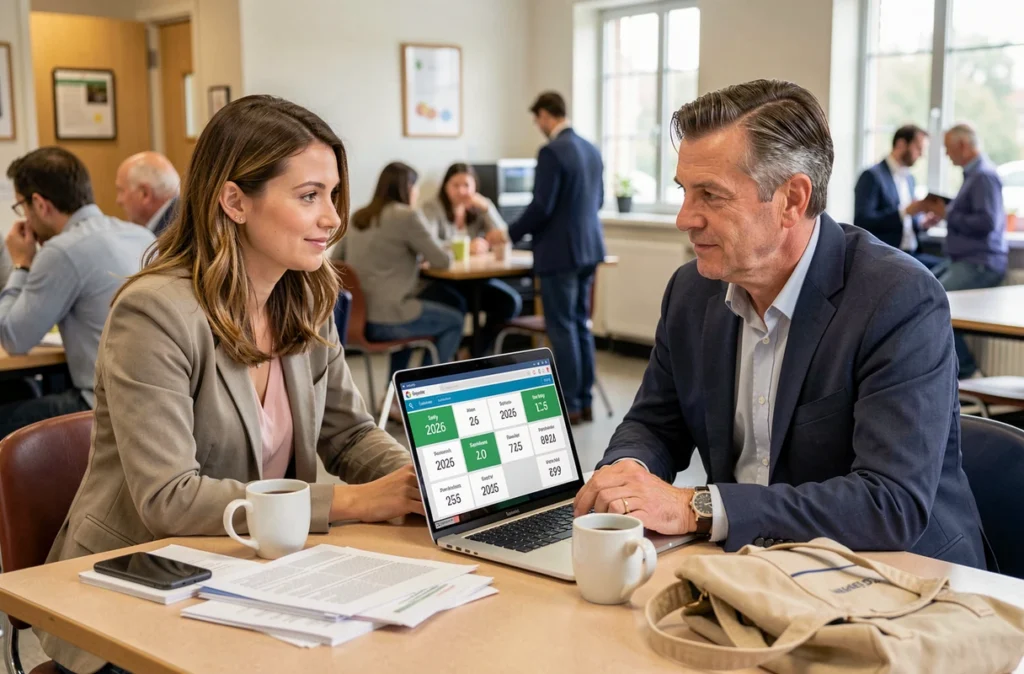 Deux enseignants comparant des simulations de salaire 2026 ensemble autour d'un ordinateur portable à la pause