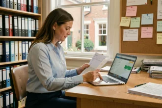 Enseignante consultant un simulateur de salaire sur ordinateur portable dans la salle des professeurs