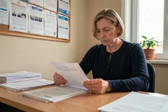 Femme d'une cinquantaine d'années lisant des documents administratifs liés au RSA dans un bureau d'aide sociale