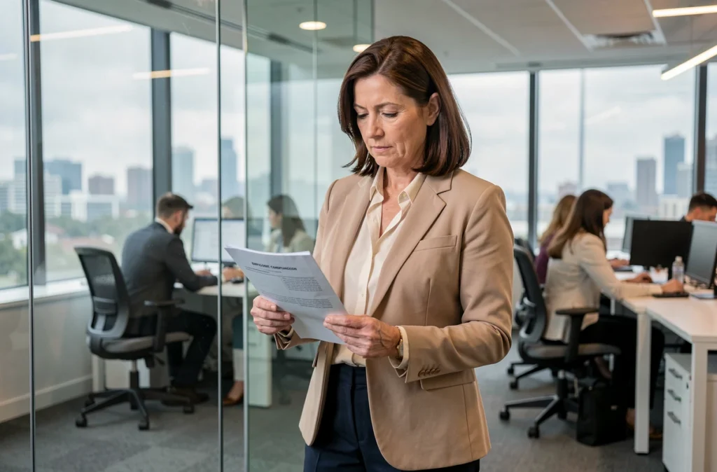 Femme cadre examinant des documents sur l'allocation chômage ARE dans un bureau professionnel