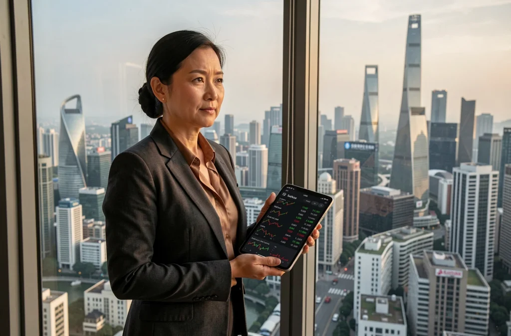 Femme cadre financière consultant les données d'ouverture des bourses asiatiques sur tablette devant un panorama urbain à l'aube