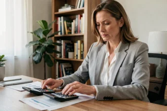 Femme d'une cinquantaine d'années calculant le rendement de son assurance vie à son bureau à domicile