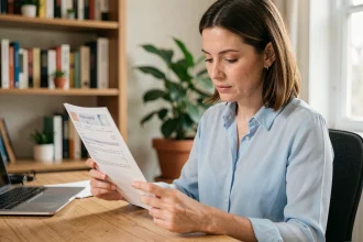 Femme consultant un relevé bancaire Crédit Agricole pour retrouver son code banque