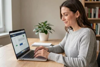 Femme sécurisant un paiement en ligne sur ordinateur portable avec interface bancaire Cyberplus