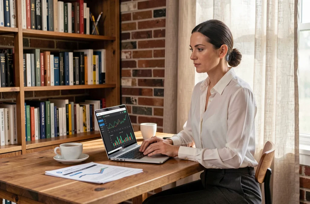 Femme consultant un tableau de bord d'investissement sur un ordinateur portable dans un espace de travail à domicile