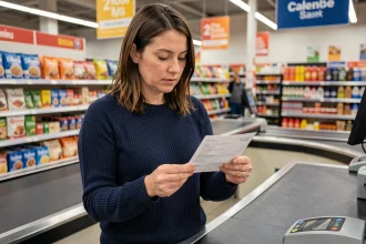 Femme consultant un ticket de caisse au rayon caisse d'un hypermarché Leclerc pour gérer son budget courses