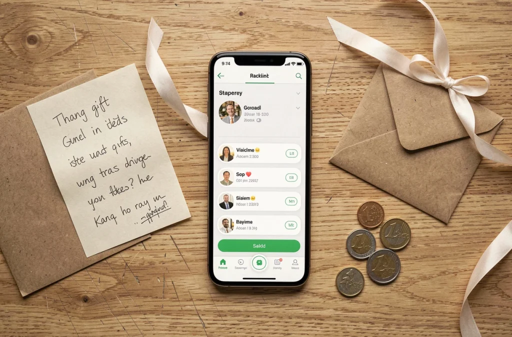 Vue de dessus d'un smartphone avec une application de cagnotte, des pièces en euros et une note manuscrite pour un cadeau de mariage