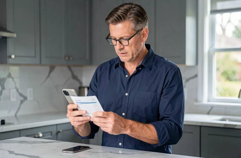 Homme consultant ses e-documents bancaires sur smartphone dans une cuisine moderne