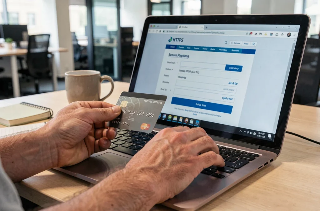 Gros plan mains tenant une carte bancaire lors d'un paiement sécurisé en ligne sur ordinateur