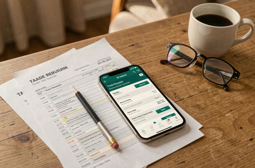 Gros plan sur des documents fiscaux, un smartphone avec l'application Trade Republic et des accessoires de bureau pour la déclaration d'impôts
