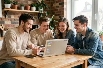 Groupe d'amis réunis autour d'un ordinateur portable pour organiser une cagnotte en ligne pour un mariage