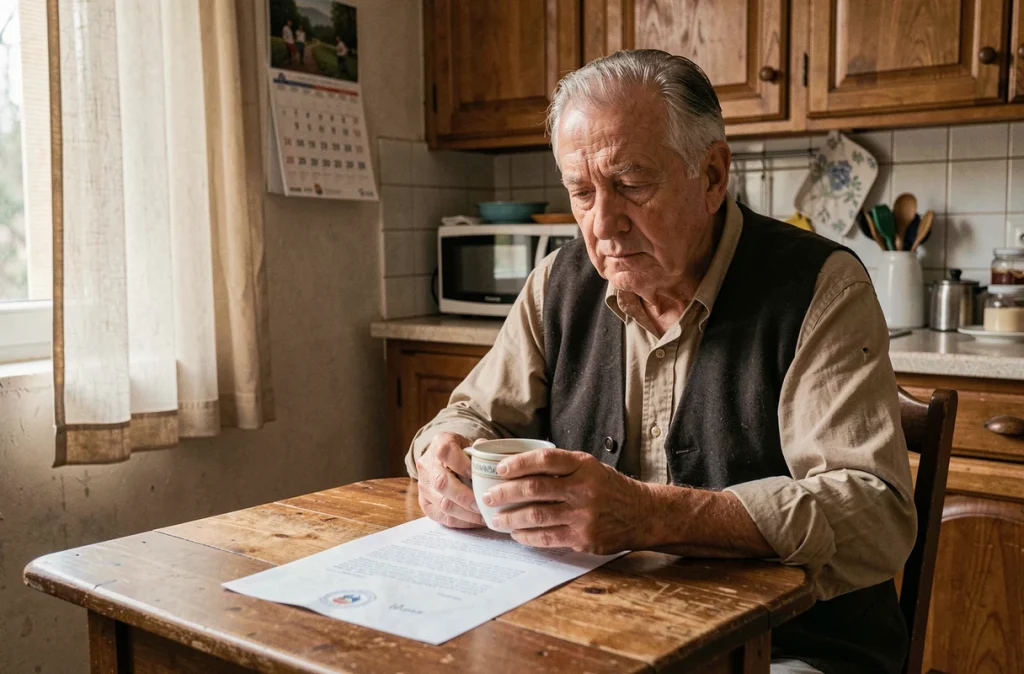 Homme âgé assis à sa table de cuisine lisant une lettre administrative sur ses droits au RSA