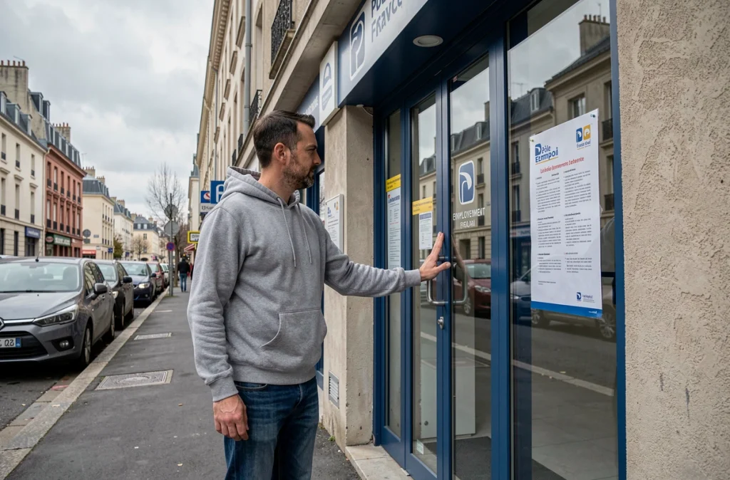 Homme consultant une affiche d'information devant une agence France Travail concernant les conditions du RSA