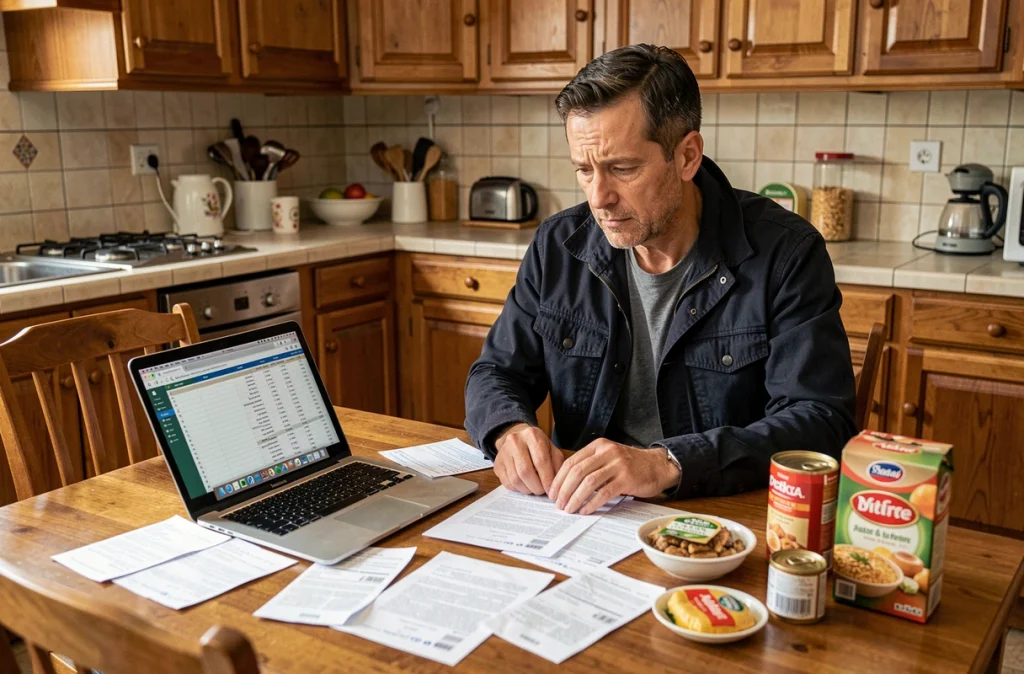 Homme analysant des tickets de caisse et produits alimentaires à domicile pour comprendre l'impact de l'inflation et de la shrinkflation en 2026