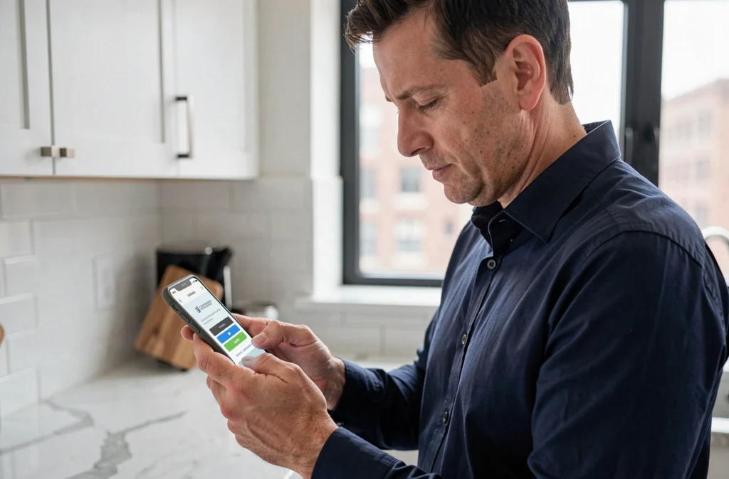 Homme validant une authentification bancaire sécurisée sur smartphone application Cyberplus Banque Populaire