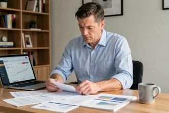 Un homme examine des documents fiscaux liés à ses investissements sur Trade Republic à son bureau à domicile