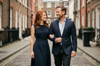 Couple élégant marchant dans une rue pavée de Londres, évoquant la relation entre Kelly Reilly et son mari Kyle Baugher