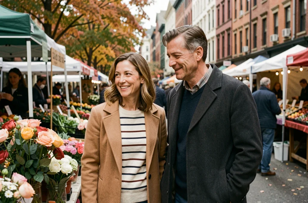Couple décontracté visitant un marché en plein air à New York en automne, représentant la vie quotidienne de Kelly Reilly et Kyle Baugher