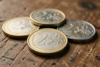 Pièces de 2 euros rares avec détails gravés sur une table en bois, potentiellement de grande valeur numismatique