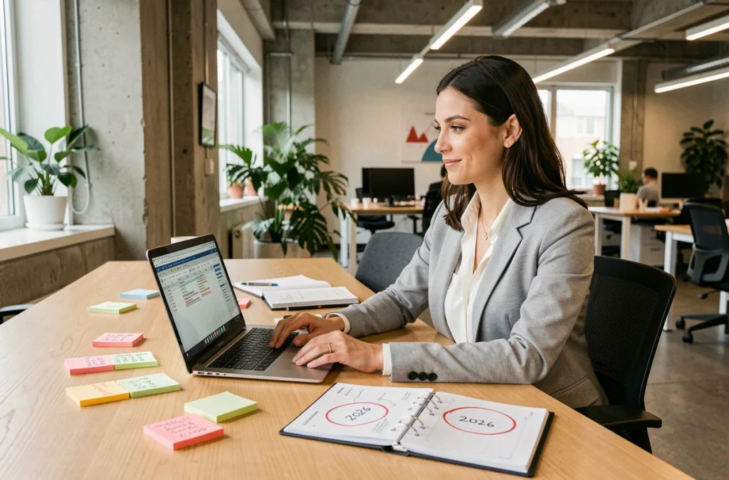 Femme d'affaires planifiant les dates d'acompte IS 2026 avec un agenda fiscal et un ordinateur portable