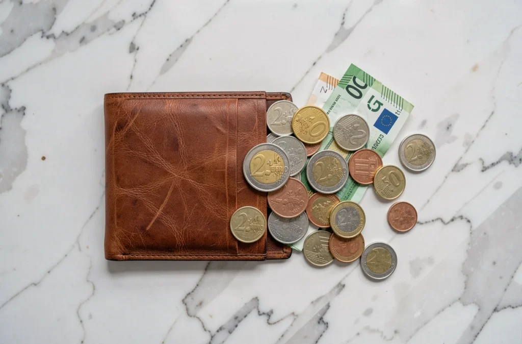 Portefeuille en cuir ouvert avec pièces de 2 euros rares et billets sur marbre blanc, collection numismatique