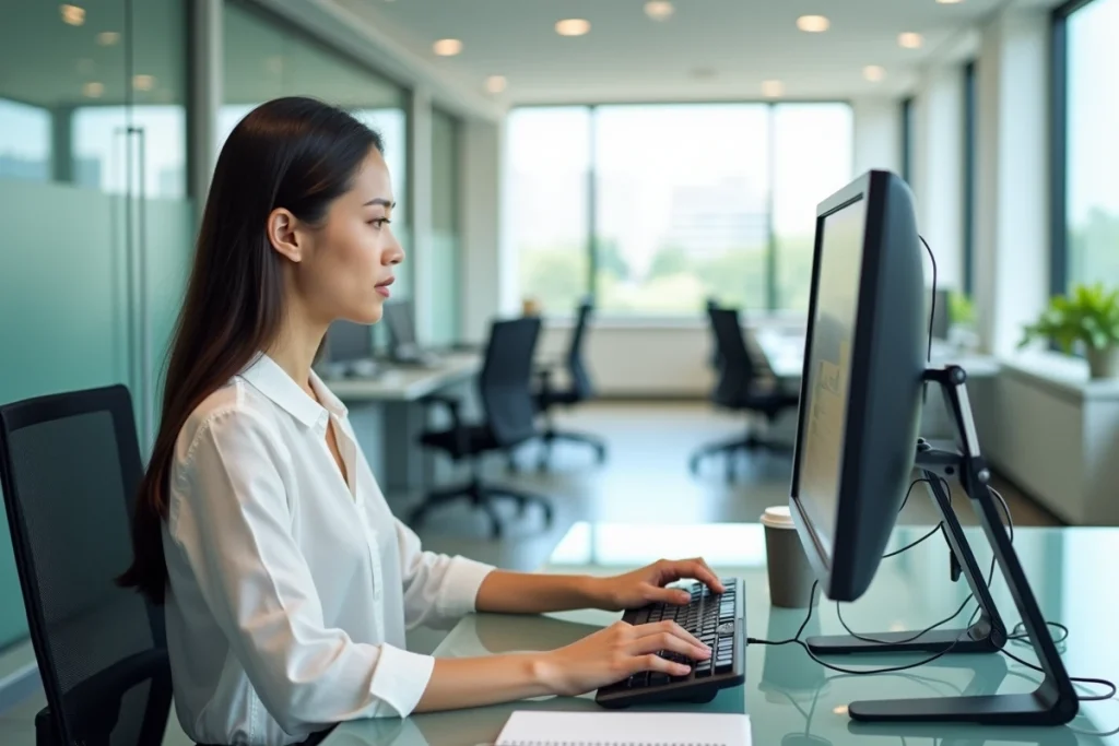 Jeune femme effectuant sa première connexion sécurisée à l'espace particulier LCL depuis un bureau professionnel