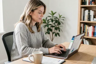 Femme consultant ses relevés de compte en ligne sur un ordinateur portable depuis son bureau à domicile