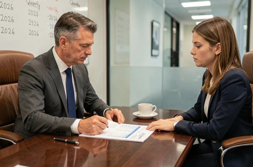 Directeur financier et collègue analysant le calendrier des acomptes IS 2026 en réunion professionnelle