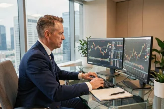 Homme d'affaires analysant une stratégie d'investissement sur deux écrans dans un bureau moderne avec vue sur la ville