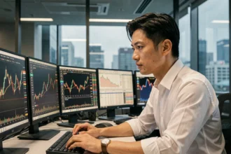 Trader asiatique analysant les cours de la bourse de Tokyo et Hong Kong sur plusieurs écrans en temps réel dans un bureau financier moderne