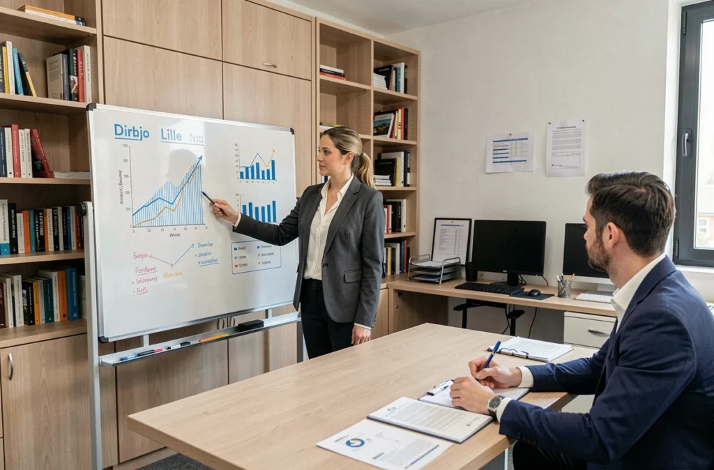 Consultante AB Expansion expliquant un plan de courtage crédit entreprise à un client dans un cabinet à Lille
