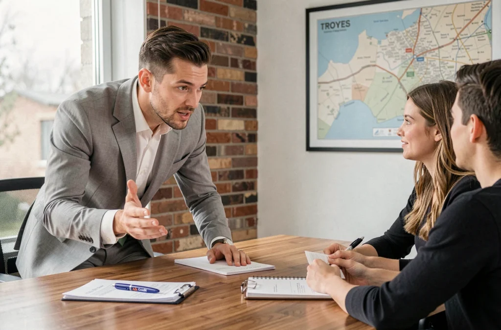 Courtier Ace Crédit Troyes en séance de conseil avec un couple pour un prêt immobilier