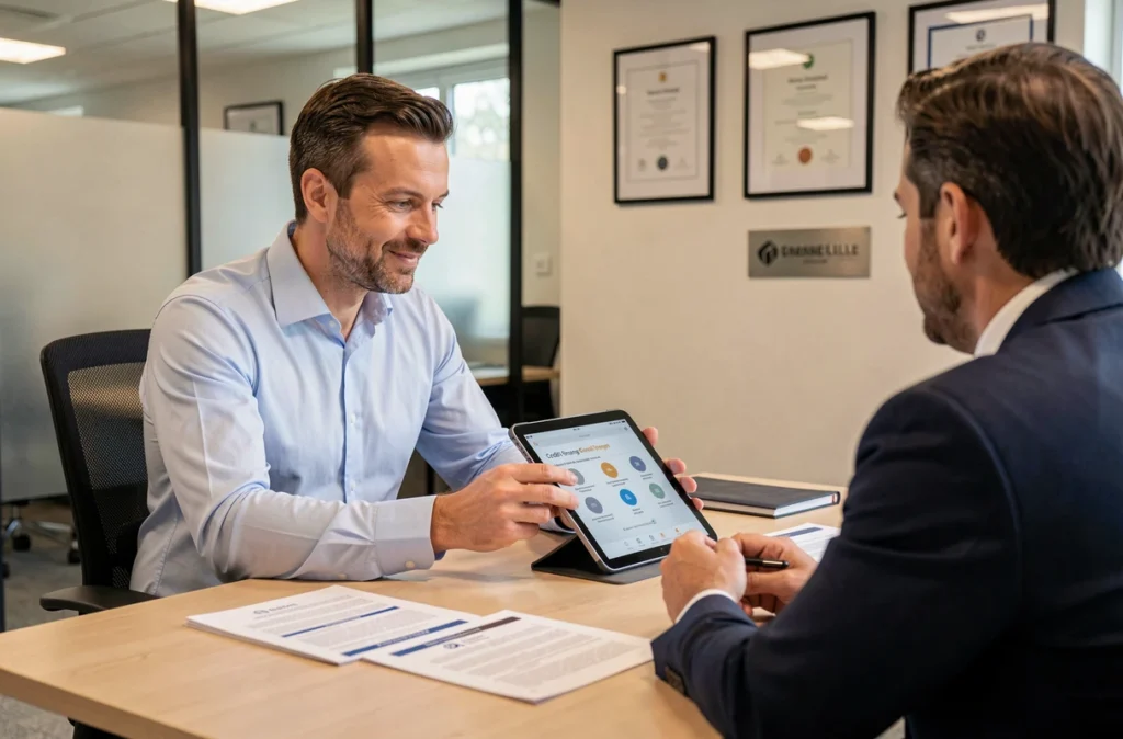 Courtier AFR Financement présentant une proposition de crédit professionnel à un entrepreneur dans son bureau à Lille